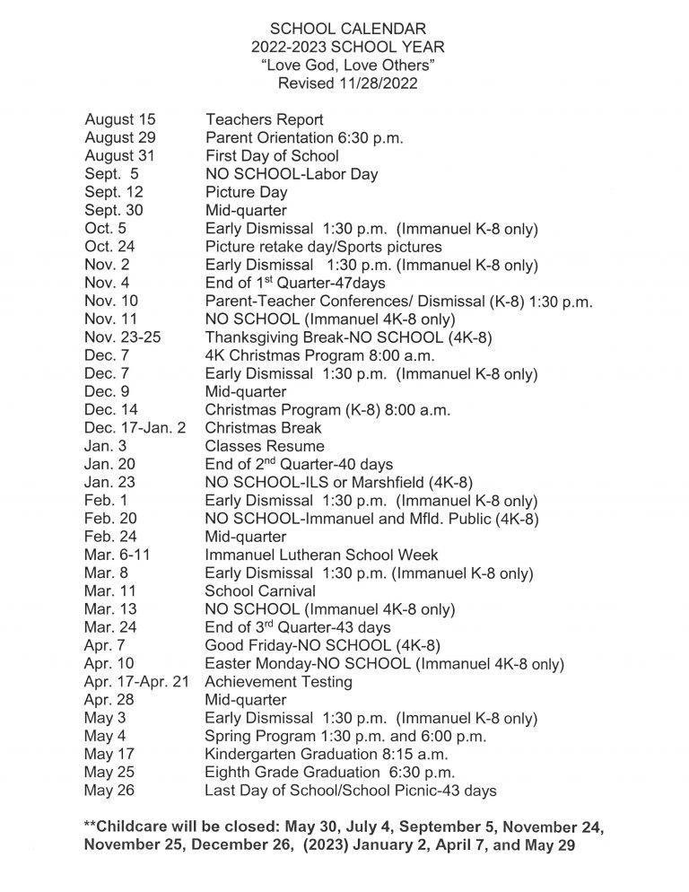 School Calendar Immanuel Lutheran School Calendar Immanuel Lutheran
