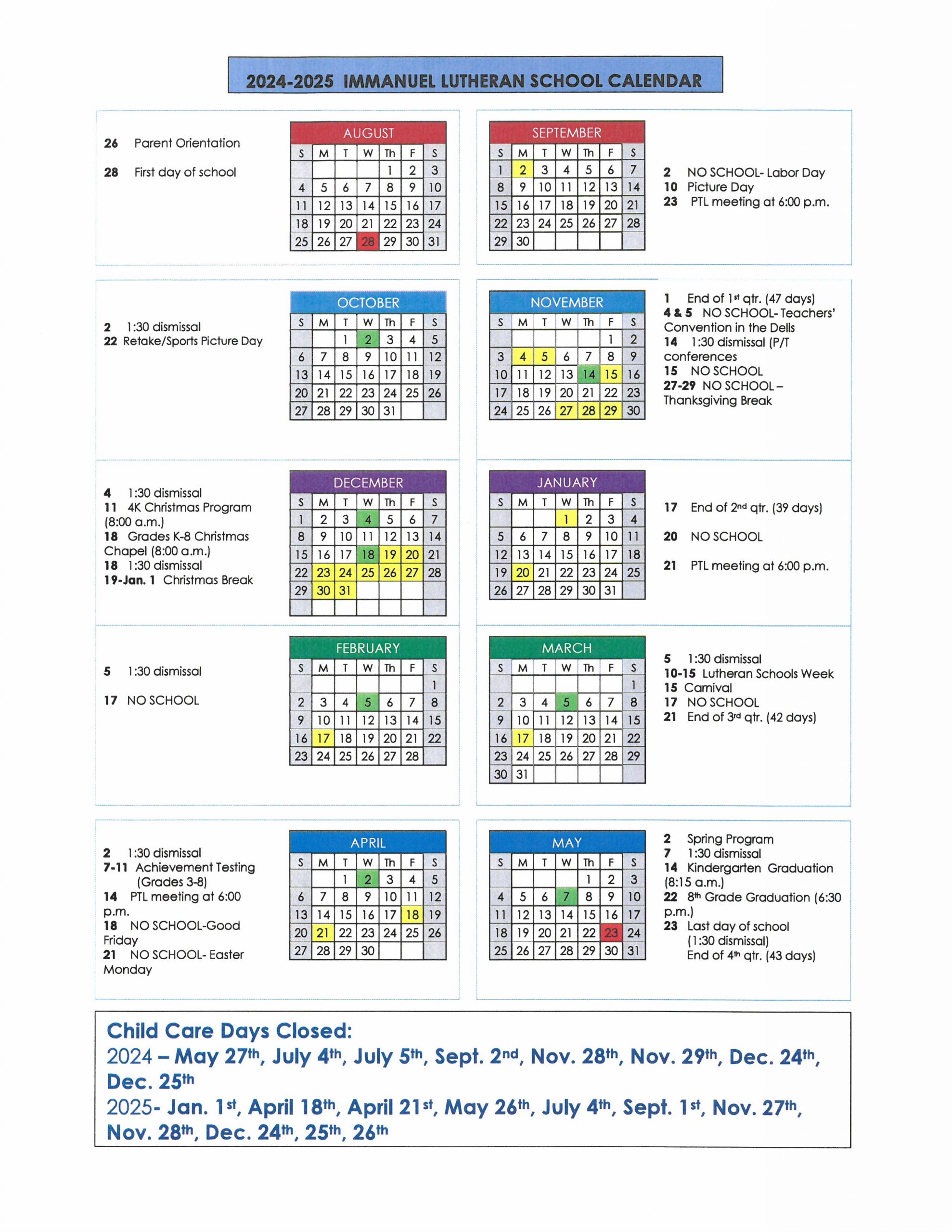 School Calendar Immanuel Lutheran