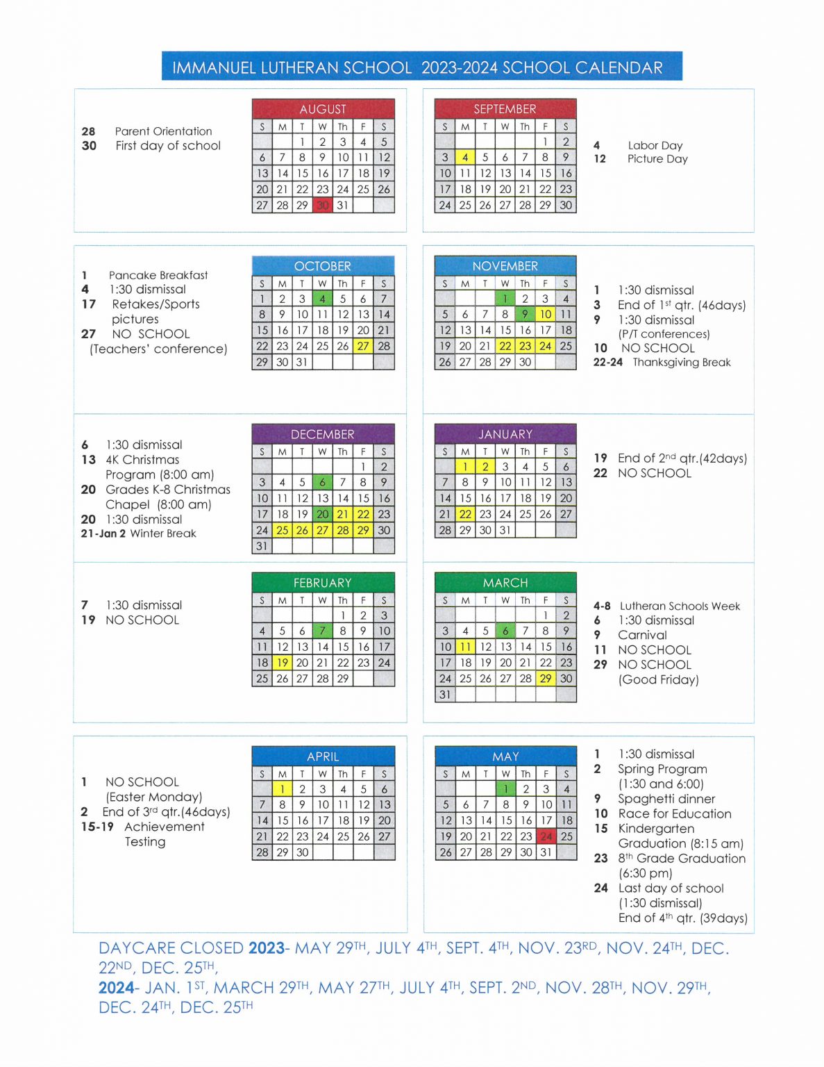 School Calendar Immanuel Lutheran
